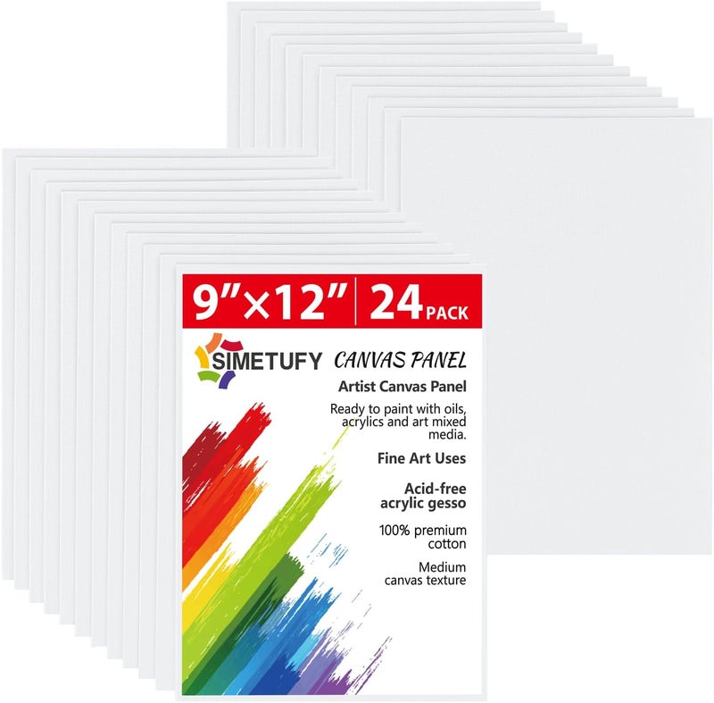 Simetufy 24 Pack 9 x 12 inch Flat Canvas Boards for Painting- 8oz Gesso Primed Acid-Free 100% Cotton Canvas Panels for Acrylics Oil Watercolor Tempera Paints - Image 1